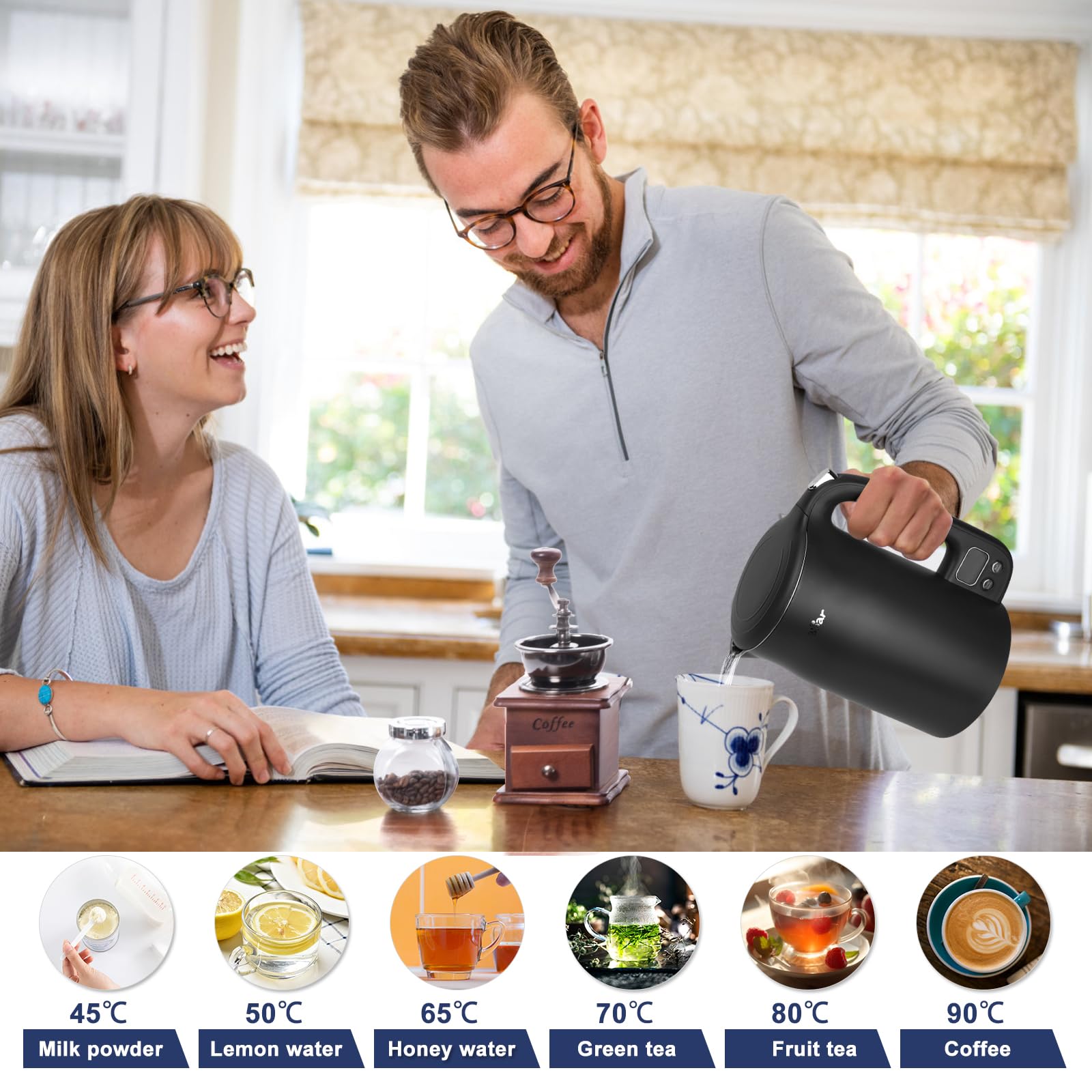 Bear Electric Kettle 1.7L 40C~100C 12 Temperatures Control Kettle Digital Display with Keep Warm Function,1800w 304 Stainless Steel Fast Boil Black