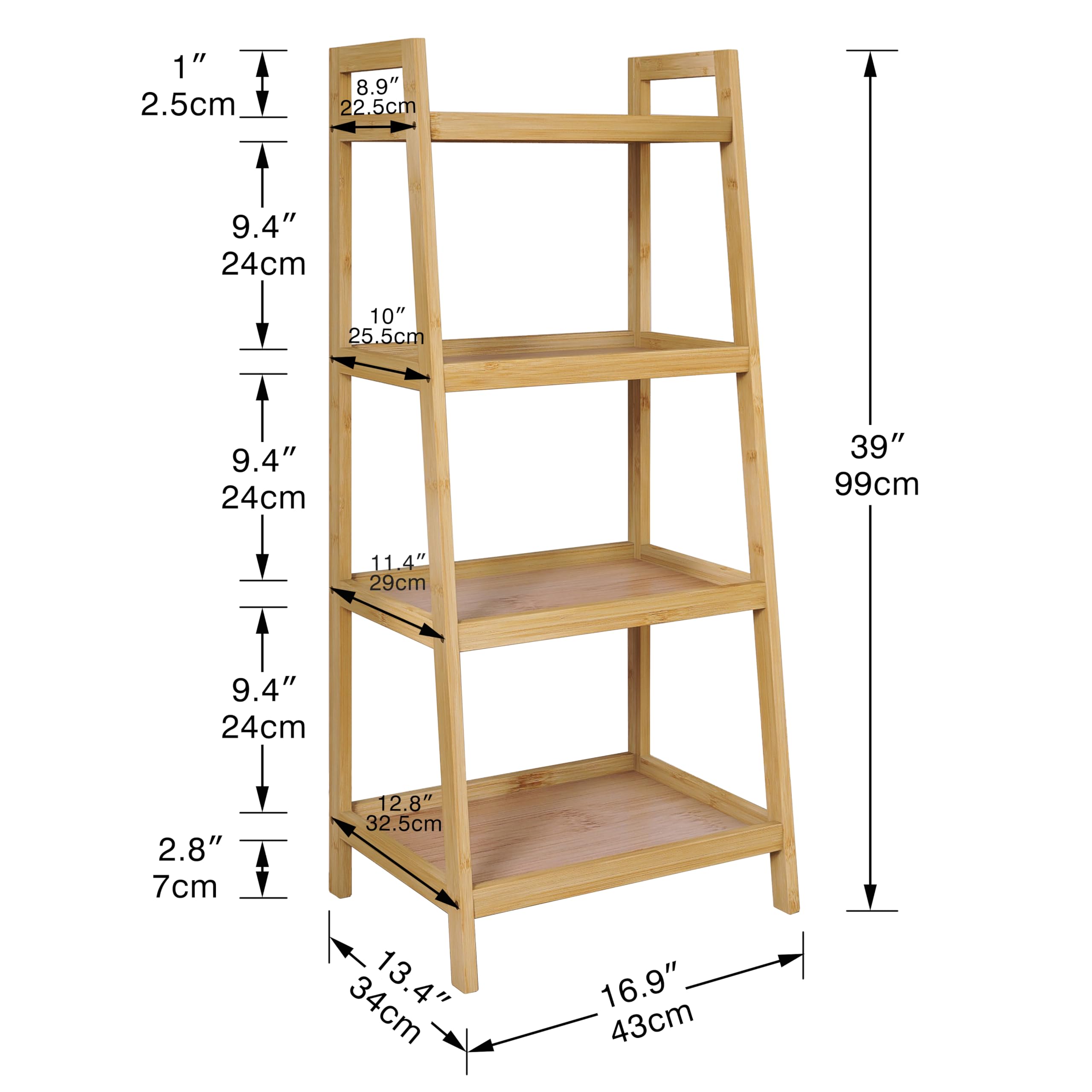 SMIBUY Bamboo Ladder Bookcase, Bathroom Storage Rack Organizer, 4 Tier Freestanding Plant Display Stand Space Saver Shelves for Bedroom, Kitchen,