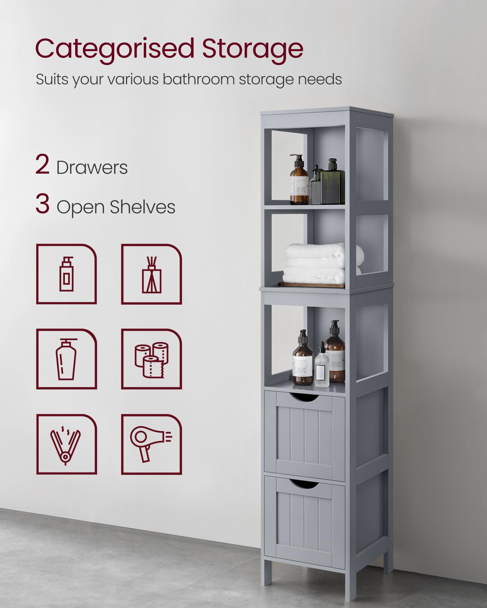 VASAGLE Bathroom Floor Cabinet, Freestanding Bathroom Storage Unit, with 2 Drawers, 3 Open Compartments, for Bathroom, Living Room, Kitchen, Modern