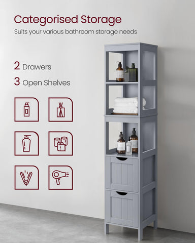 VASAGLE Bathroom Floor Cabinet, Freestanding Bathroom Storage Unit, with 2 Drawers, 3 Open Compartments, for Bathroom, Living Room, Kitchen, Modern
