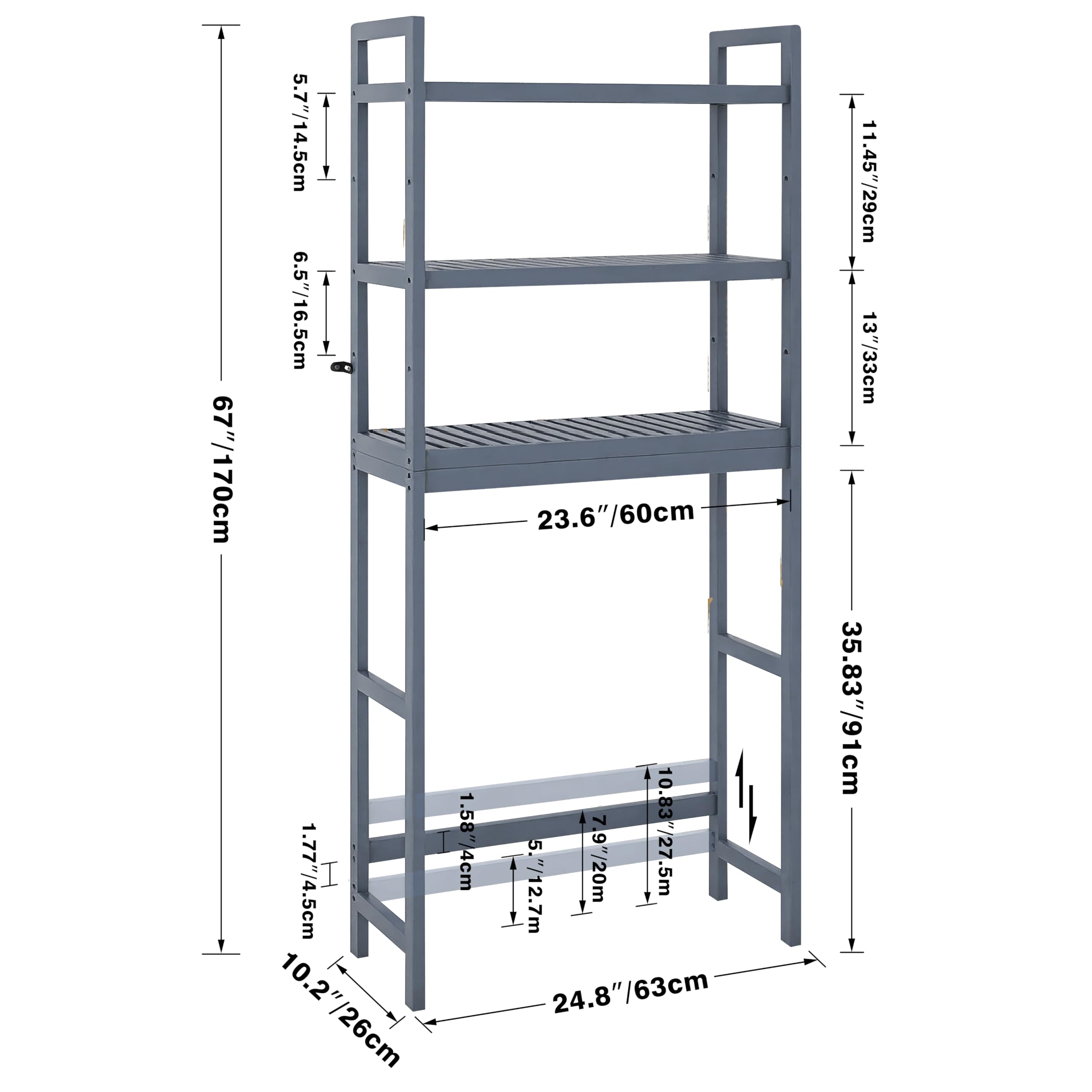 SMIBUY Bathroom Storage Shelf, Bamboo Over-The-Toilet Organizer Rack, Freestanding Toilet Space Saver with 3-Tier Adjustable Shelves (Grey)