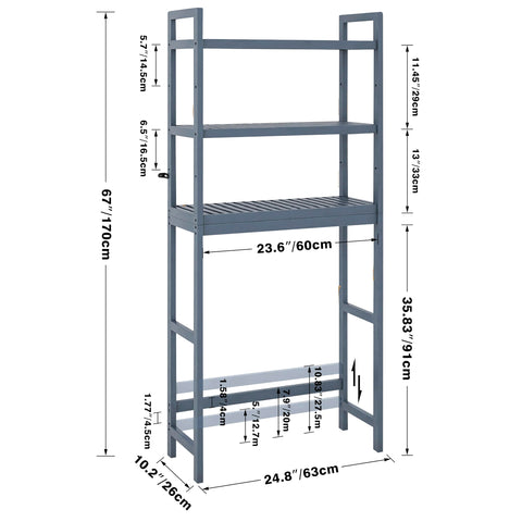 SMIBUY Bathroom Storage Shelf, Bamboo Over-The-Toilet Organizer Rack, Freestanding Toilet Space Saver with 3-Tier Adjustable Shelves (Grey)