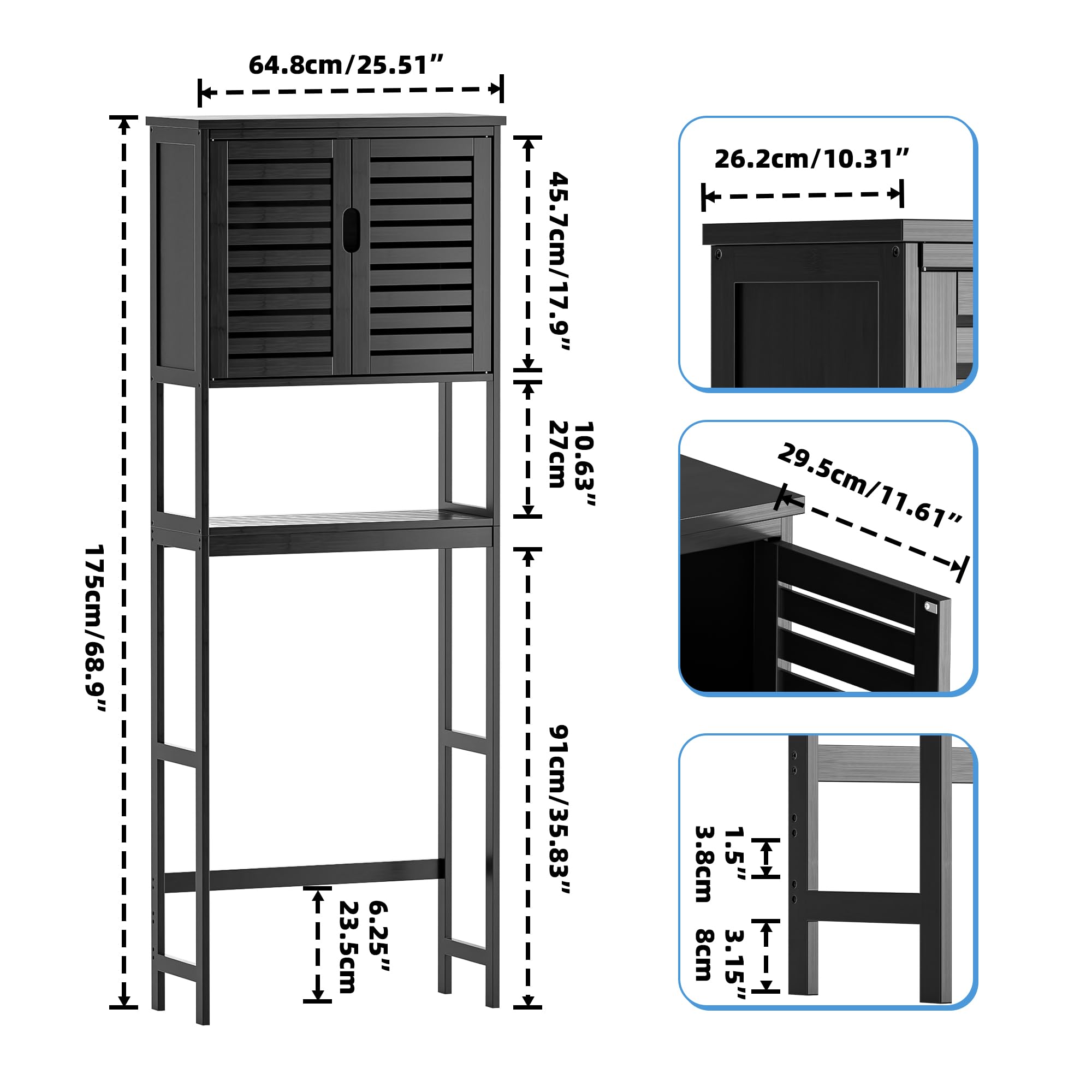 SMIBUY Bathroom Storage Shelf with Cabinet, Bamboo Over-The-Toilet Organizer Rack, Freestanding Toilet Space Saver with 3-Tier Adjustable Shelves