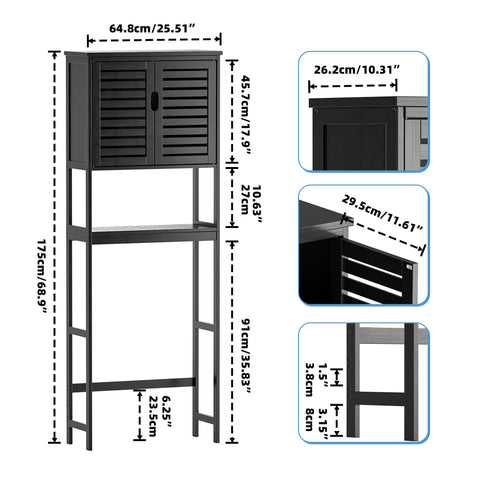 SMIBUY Bathroom Storage Shelf with Cabinet, Bamboo Over-The-Toilet Organizer Rack, Freestanding Toilet Space Saver with 3-Tier Adjustable Shelves