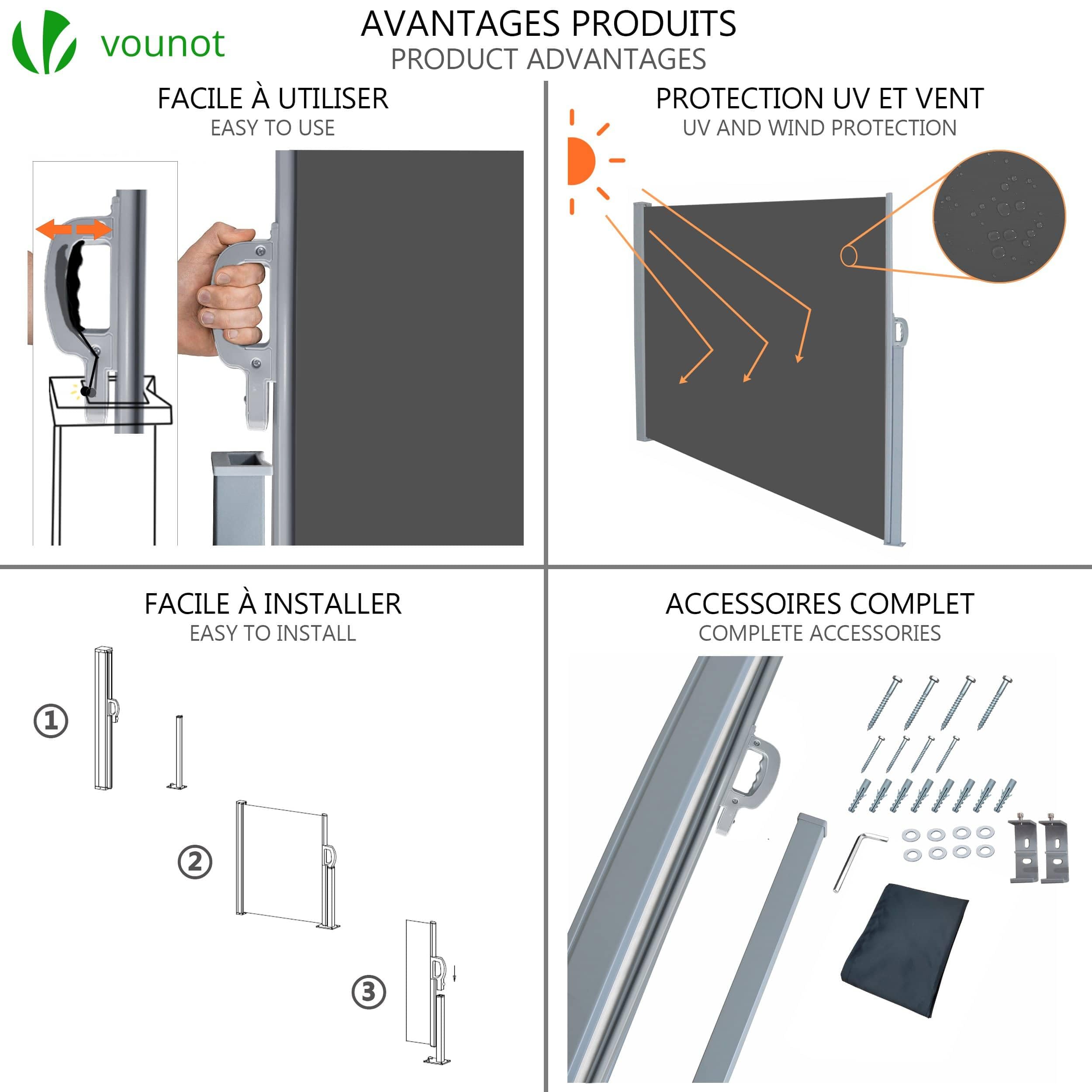 VOUNOT? Side Awning Retractable, Outdoor Privacy Screen for Garden, Balcony, Terrace, 140 x 300 cm, Grey