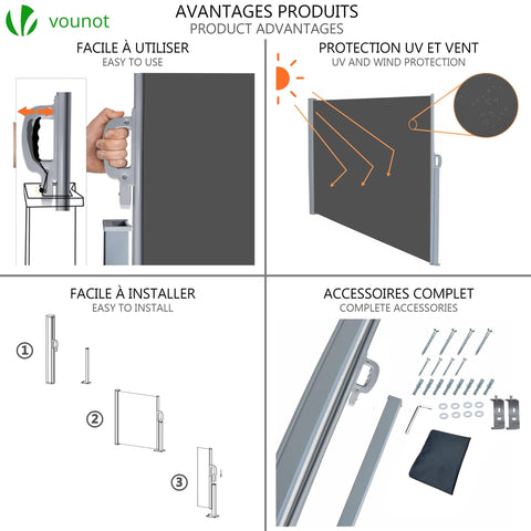 VOUNOT? Side Awning Retractable, Outdoor Privacy Screen for Garden, Balcony, Terrace, 140 x 300 cm, Grey