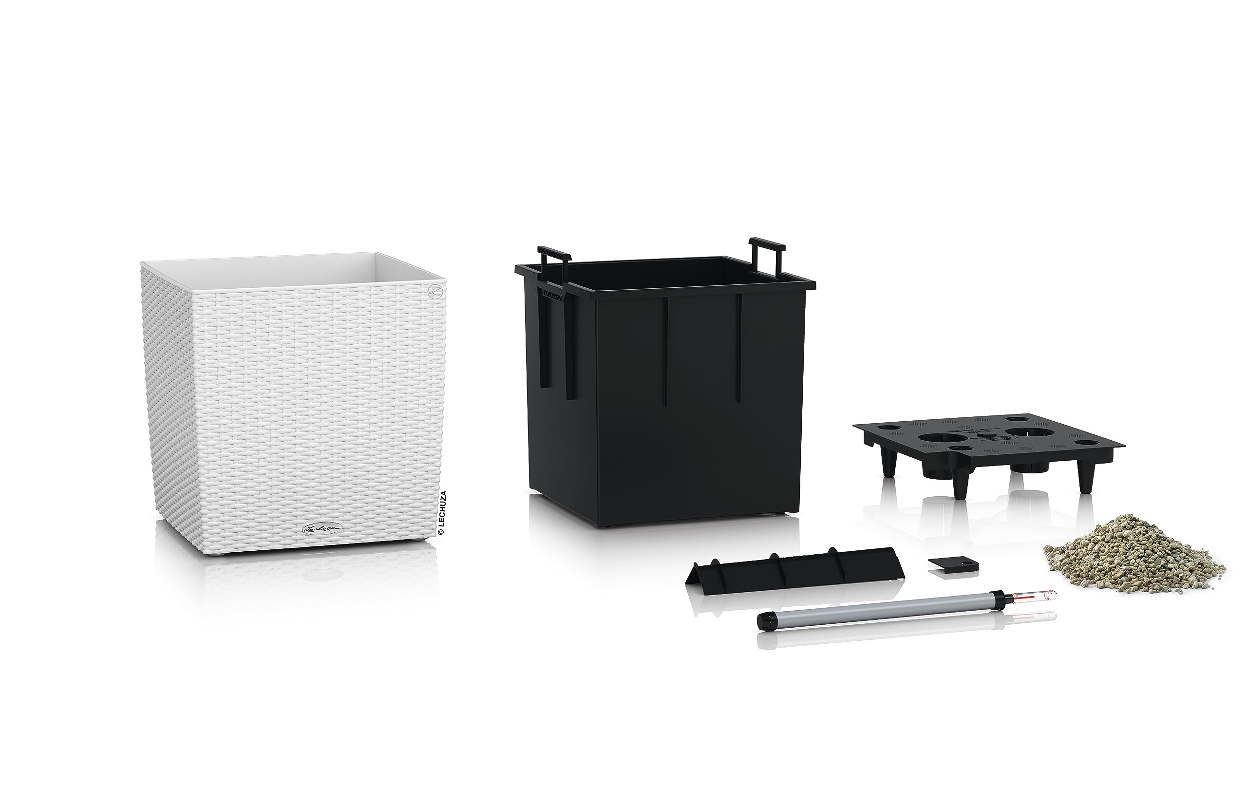 Lechuza Self Watering Plant Pots CUBE Cottage 40 Rattan Look Plastic Garden Outdoor Indoor Planter with Drainage Hole H40 L40 W40 cm White