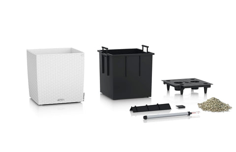 Lechuza Self Watering Plant Pots CUBE Cottage 40 Rattan Look Plastic Garden Outdoor Indoor Planter with Drainage Hole H40 L40 W40 cm White