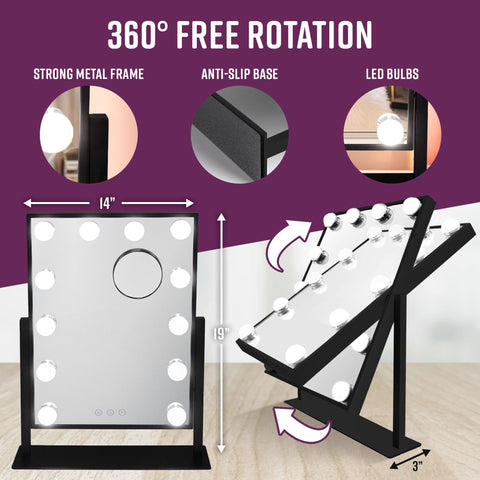 GloBrite Hollywood Mirror with 12 LED Bulbs - 3 Colour Light Modes & Adjustable Brightness, Touch Screen, 360 Rotation, Light Up Mirror, No Assembly