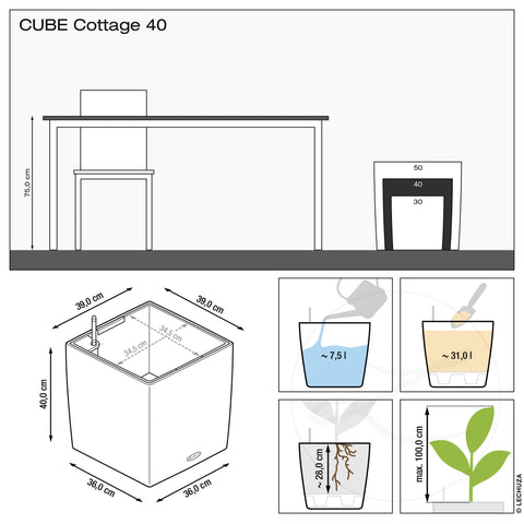 Lechuza Self Watering Plant Pots CUBE Cottage 40 Rattan Look Plastic Garden Outdoor Indoor Planter with Drainage Hole H40 L40 W40 cm White
