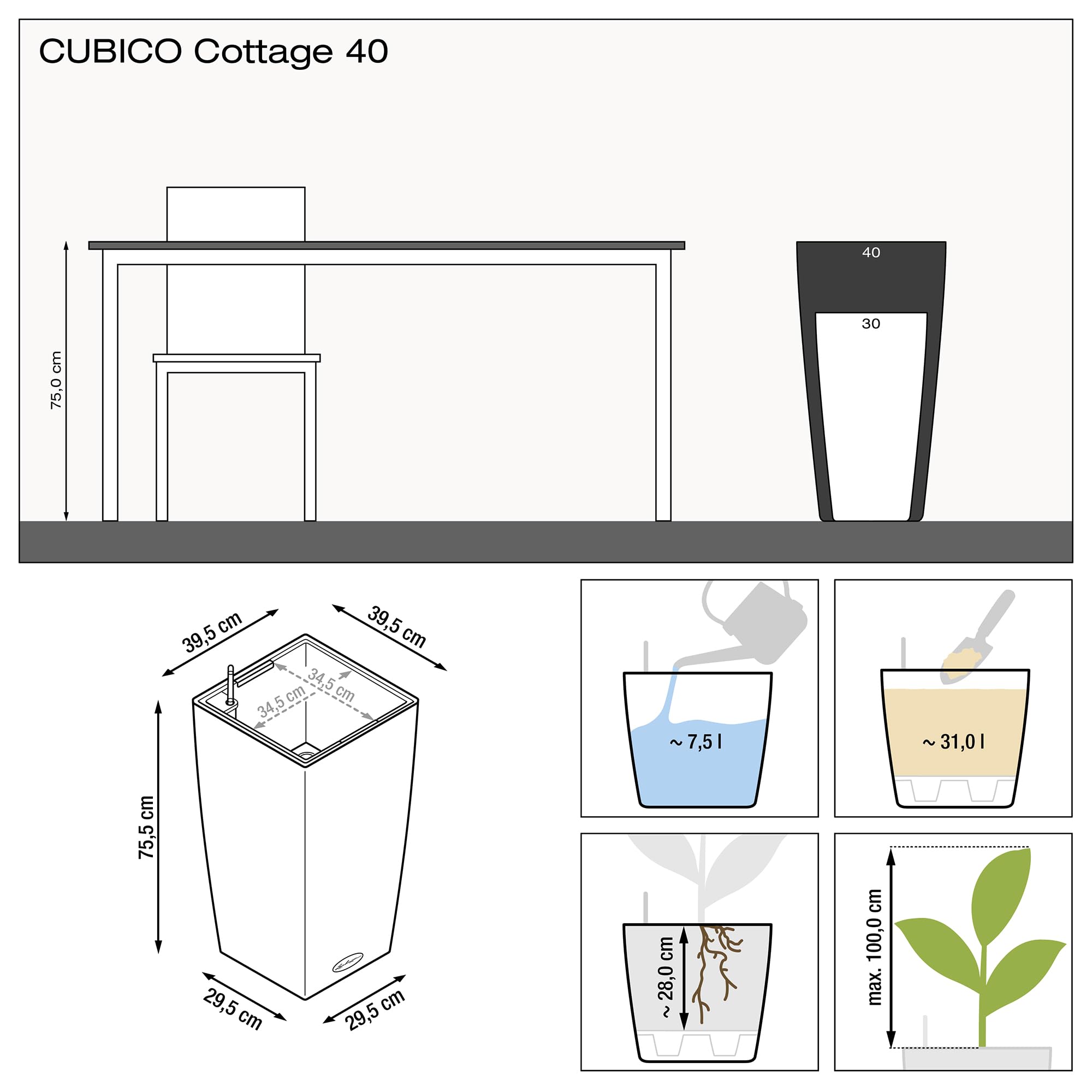 Lechuza Self Watering Plant Pots CUBICO Cottage 40 Large Rattan Look Plastic Outdoor Indoor Planter with Drainage Hole H75 L40 W40 cm Granite
