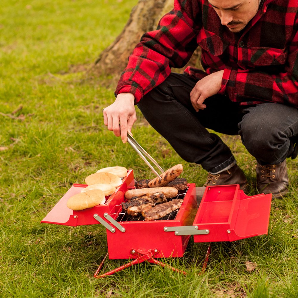 Suck UK BBQ Grill Tool Box Portable BBQ For Camping Stainless Steel Charcoal Retro Set In Toolbox Gifts For Men & Outdoor Dad Gifts Folding