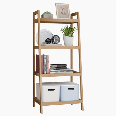 SMIBUY Bamboo Ladder Bookcase, Bathroom Storage Rack Organizer, 4 Tier Freestanding Plant Display Stand Space Saver Shelves for Bedroom, Kitchen,