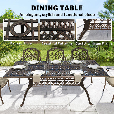 Outsunny 9 Piece Cast Aluminium Garden Dining Set, Garden Table and Chairs Set with Cushions, Parasol Hole for Patio, Bronze Tone
