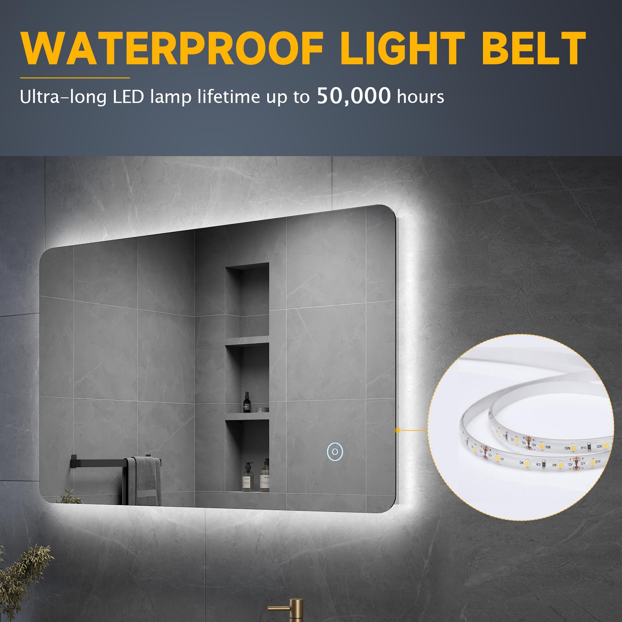 ELEGANT 800 x 500mm Backlit LED Illuminated Bathroom Mirror with 3 Colors Dimmable + Demister