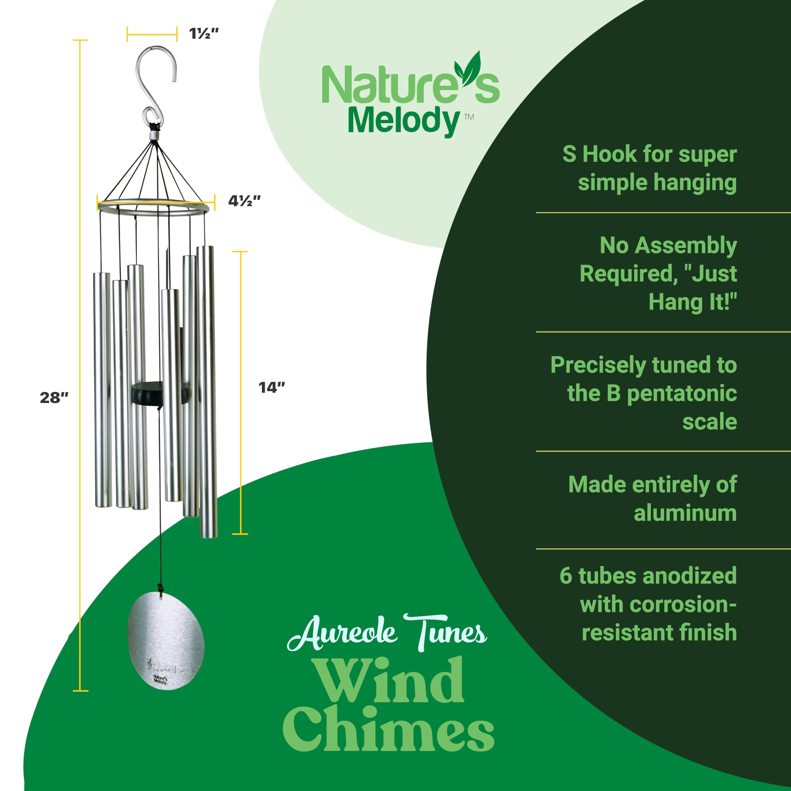 Nature?s Melody Aureole Tunes Wind Chimes ? Outdoor Windchime with 6 Tubes Tuned to B Pentatonic Scale, 100% Rustproof Aluminum, Powder Finish & S