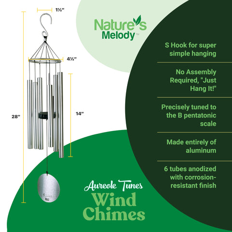 Nature?s Melody Aureole Tunes Wind Chimes ? Outdoor Windchime with 6 Tubes Tuned to B Pentatonic Scale, 100% Rustproof Aluminum, Powder Finish & S
