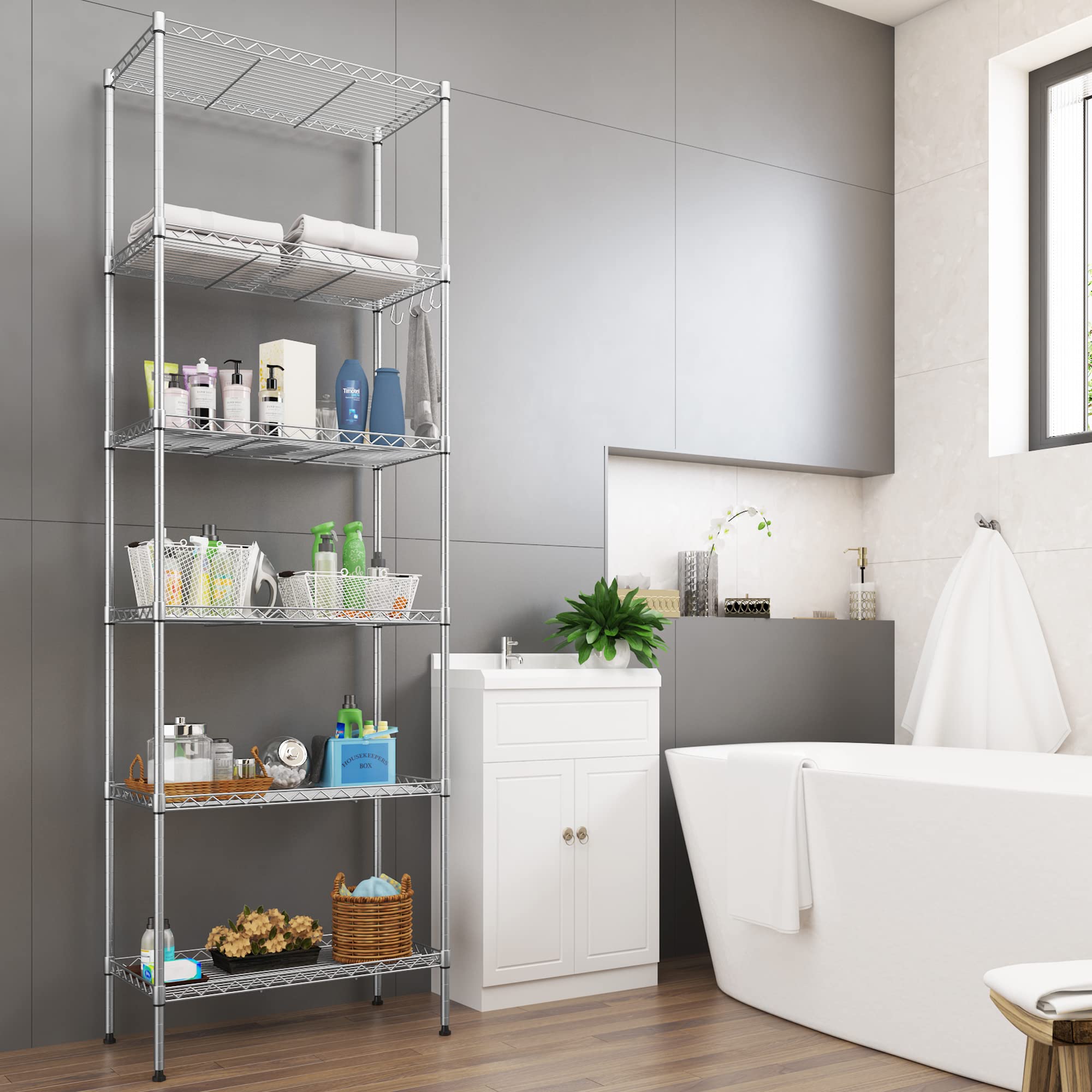 6-Tier Wire Shelving Unit, Free Standing Shelf, Storage Shelves, Heavy Duty Metal Organizer Rack for Garage, Kitchen, Living Room, Bathroom, 21.26L x