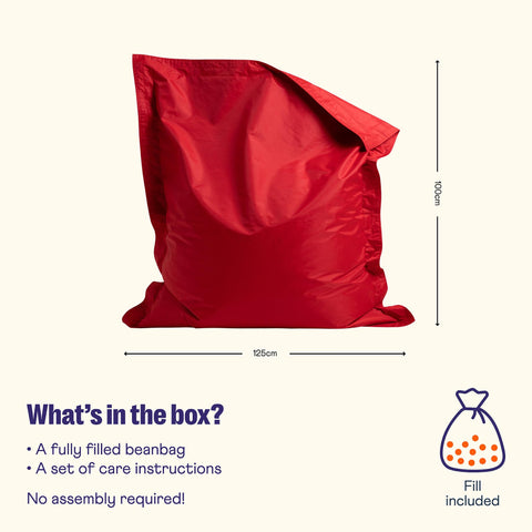 Bean Bag Bazaar Kids Bean Bag, Red, Indoor Outdoor Water-Resistant Fabric, Beanbag with Filling Included, 120cm x 100cm, Outdoor Floor Cushion, Kids