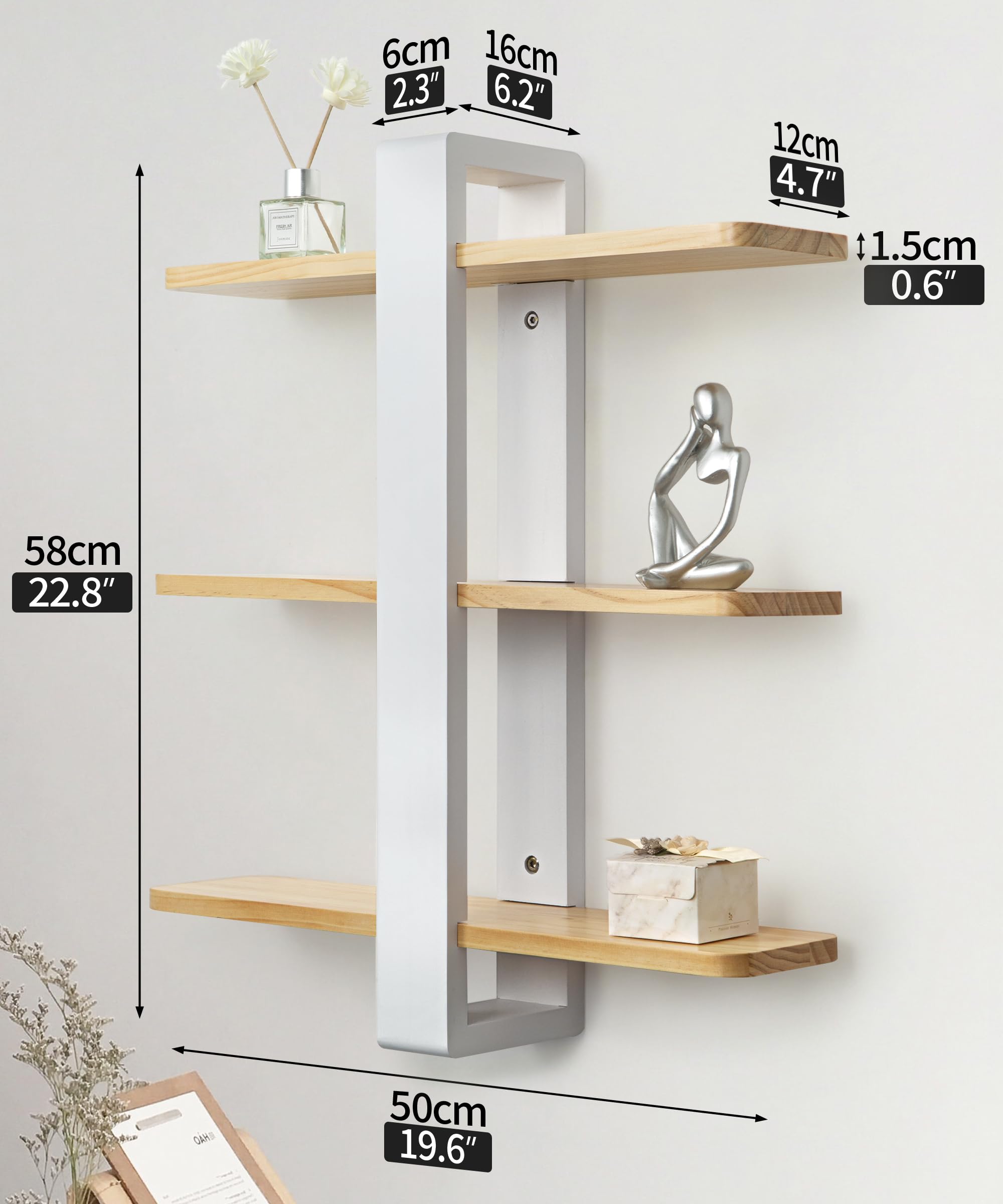SUMGAR Floating Shelves White for Wall Mounted Shelving Unit All Pine Wood 50CM 3 Tier Large Shelf for Bedroom Living Room Office Bathroom Home