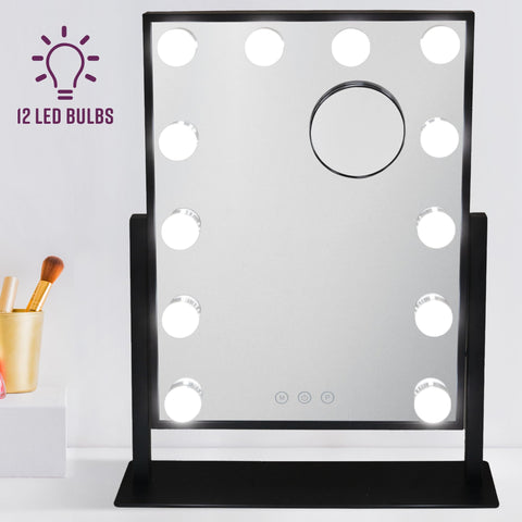 GloBrite Hollywood Mirror with 12 LED Bulbs - 3 Colour Light Modes & Adjustable Brightness, Touch Screen, 360 Rotation, Light Up Mirror, No Assembly