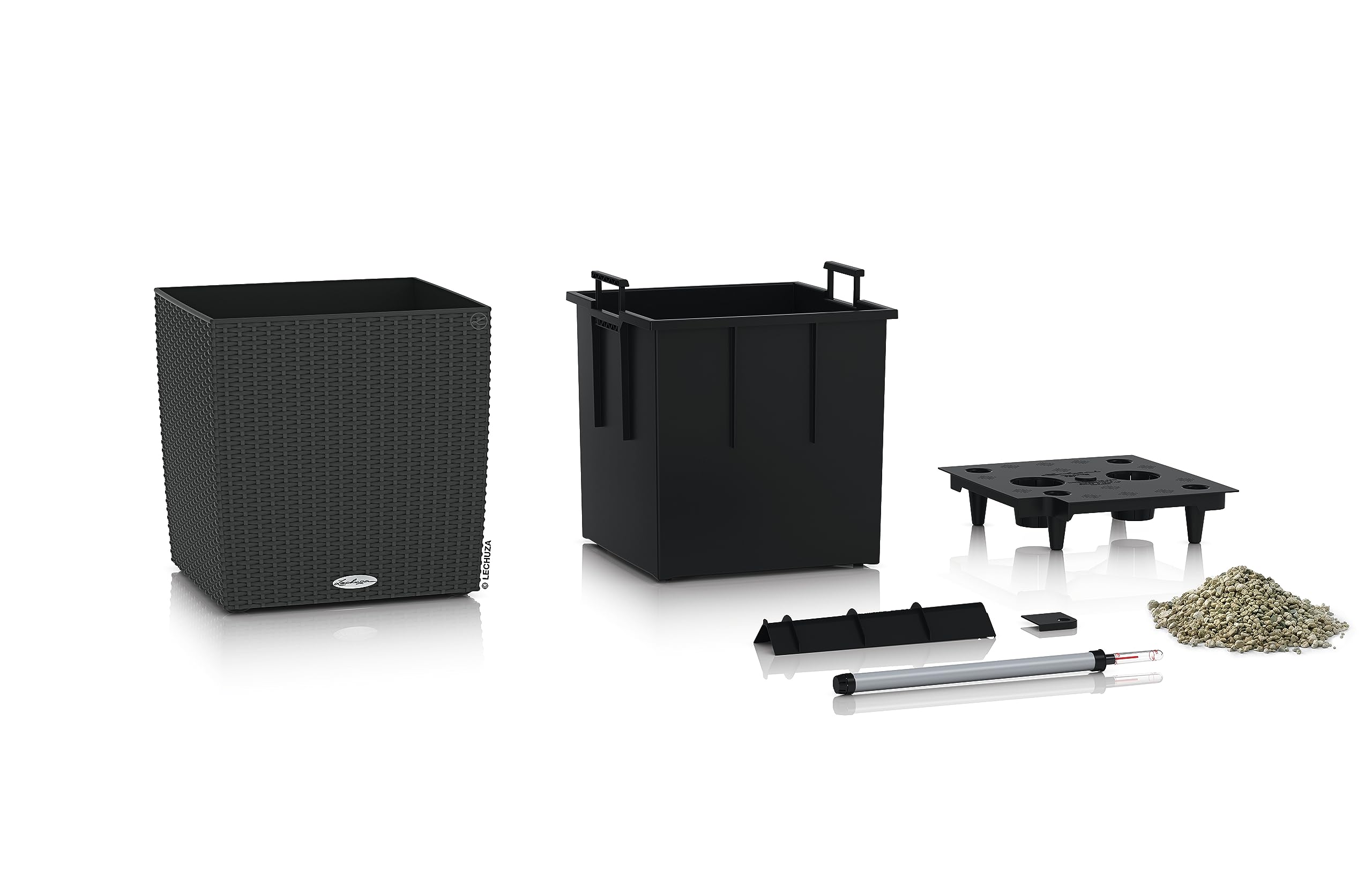 Lechuza Self Watering Plant Pots CUBE Cottage 30 Rattan Look Plastic Garden Outdoor Indoor Planter with Drainage Hole H30 L30 W30 cm Granite