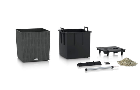 Lechuza Self Watering Plant Pots CUBE Cottage 30 Rattan Look Plastic Garden Outdoor Indoor Planter with Drainage Hole H30 L30 W30 cm Granite