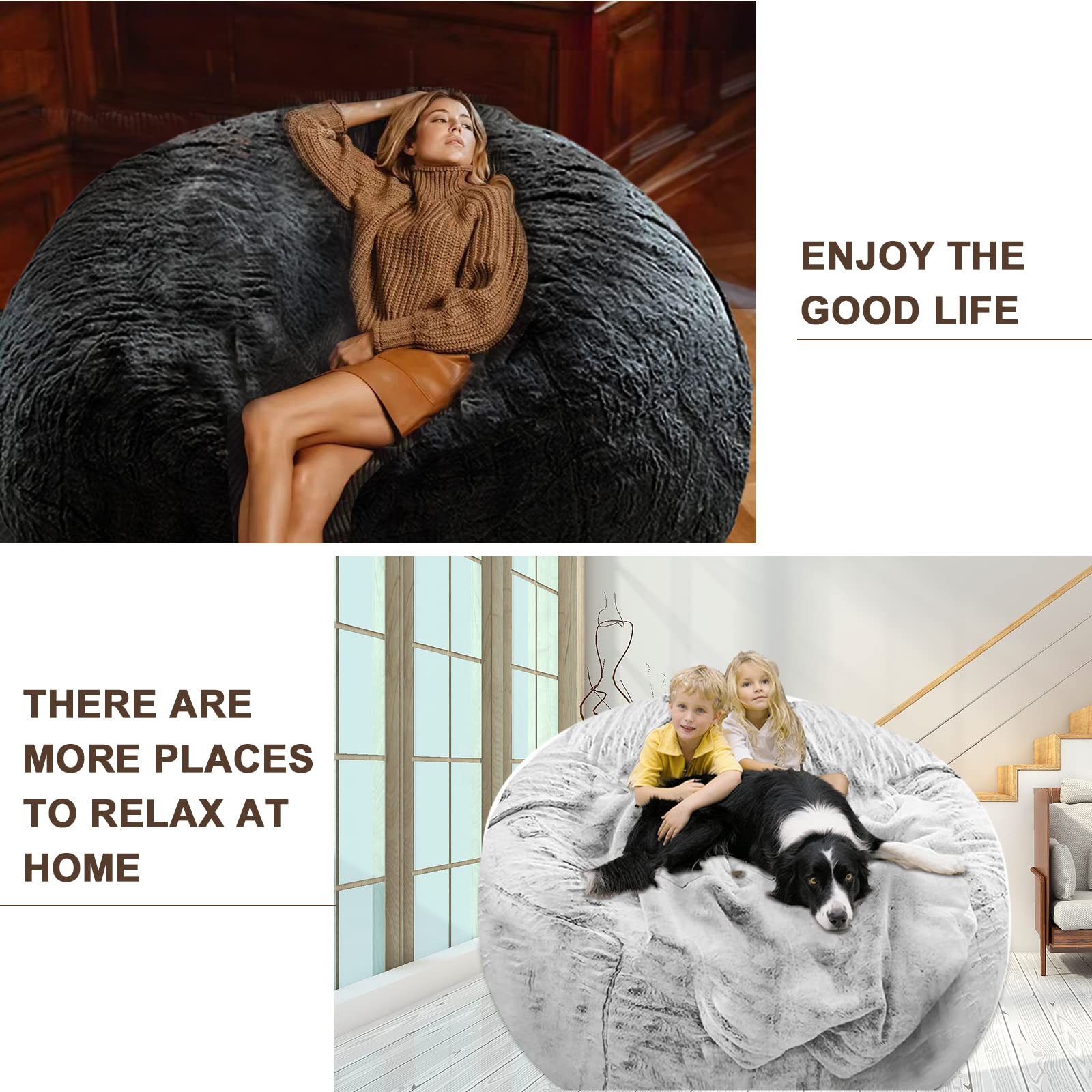 YudouTech Bean Bag Chair Cover Without Filler,Big Round Soft Fluffy PV Velvet Washable Bean Bag Lazy Sofa Bed Cover for Adults,Living Room Bedroom