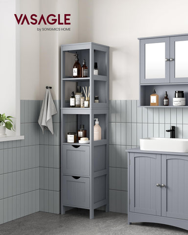 VASAGLE Bathroom Floor Cabinet, Freestanding Bathroom Storage Unit, with 2 Drawers, 3 Open Compartments, for Bathroom, Living Room, Kitchen, Modern