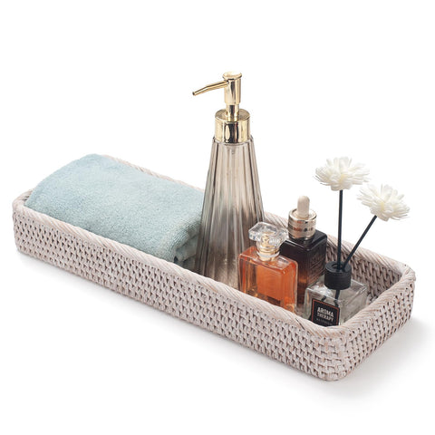 Rattan Bathroom Vanity Tray, Toilet Tank Basket Tray for Paper Hand Towel, Bathroom Counter Tray for Organizing and Decor (Whitewash, 41.5 x 15.5 x 5