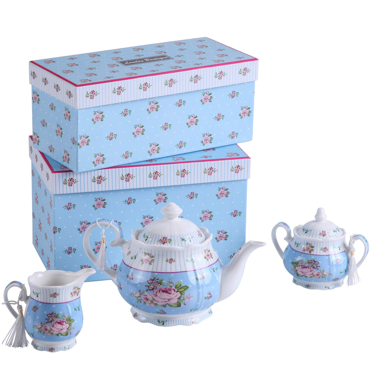 Porcelain Teapot Sets Teapot Sugar Bowl and Cream Milk Jug Shabby Chic Vintage Floral in Gift Box (Blue)