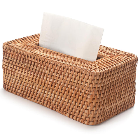 YANGQIHOME Rectangular Rattan Tissue Box Cover, Hand Woven Wicker Tissue Holder, Tissue Box Square for Living Room, Dining Table, Bedroom, 26 x 10.5 x