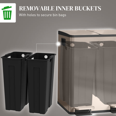 HOMCOM 40L Dual Compartment Stainless Steel Bin, with Deodoriser Holders - Gold Tone