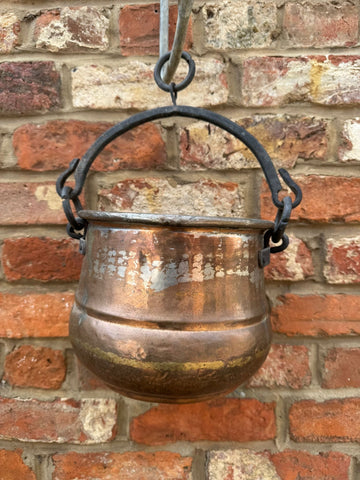 Antique Copper Cauldron Pot with Wrought Iron Handle – Rustic Garden Planter A