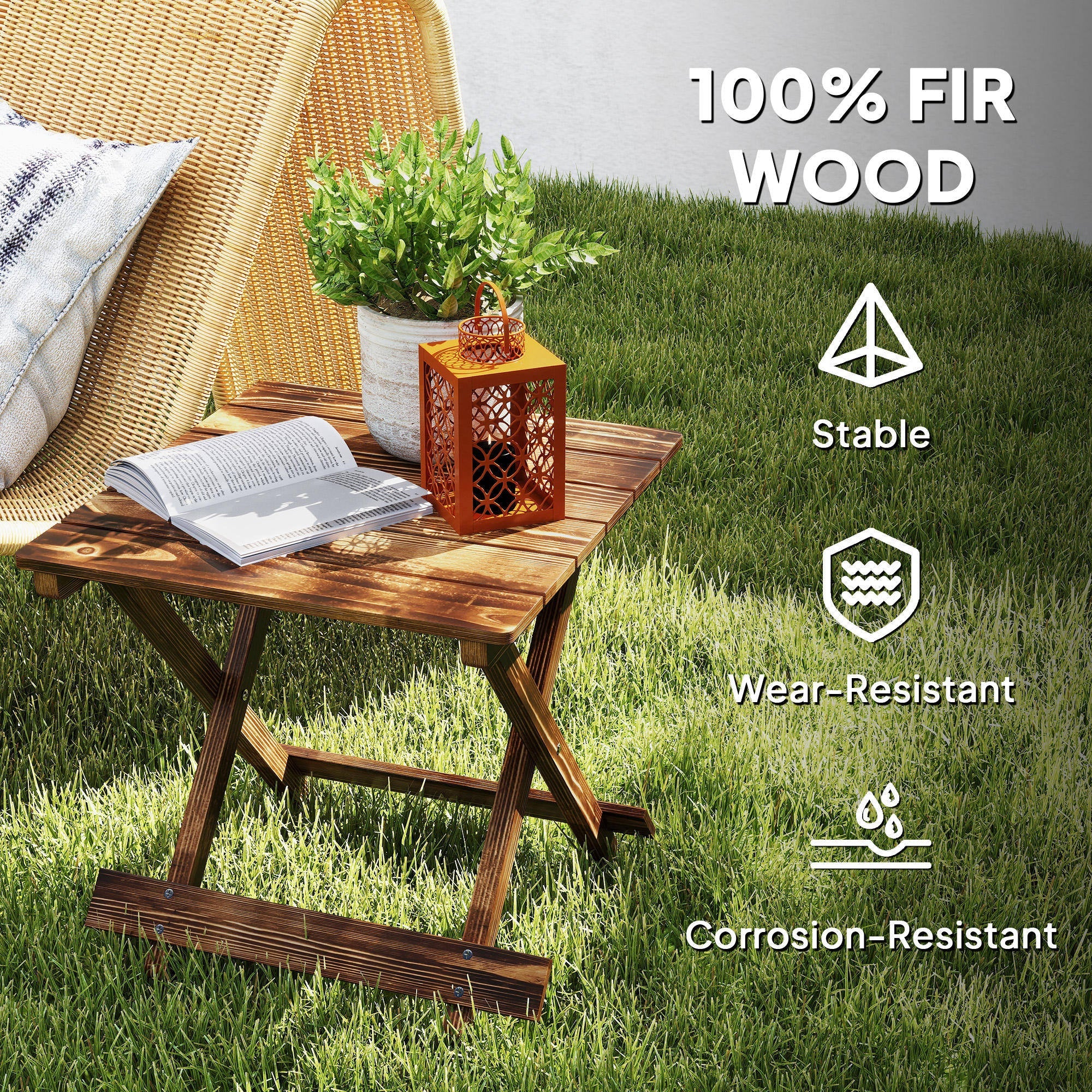 Outsunny Fir Wood Folding Coffee Table, Lightweight Small Garden Table with Slatted Top, Portable Folding Side Table for Balcony