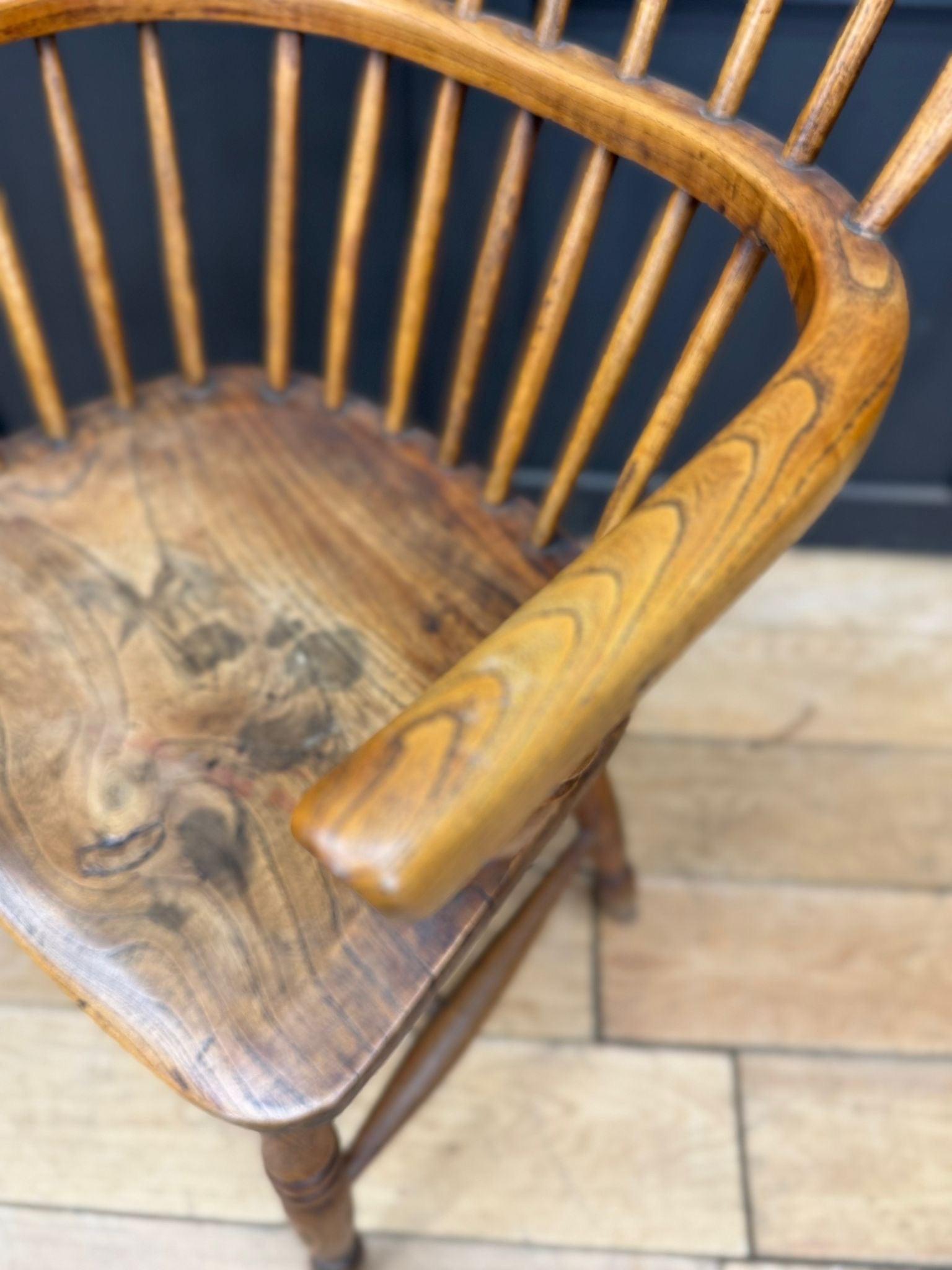 Antique Elm Windsor Armchair Bow Back Smokers Chair Farmhouse Occasional Chair