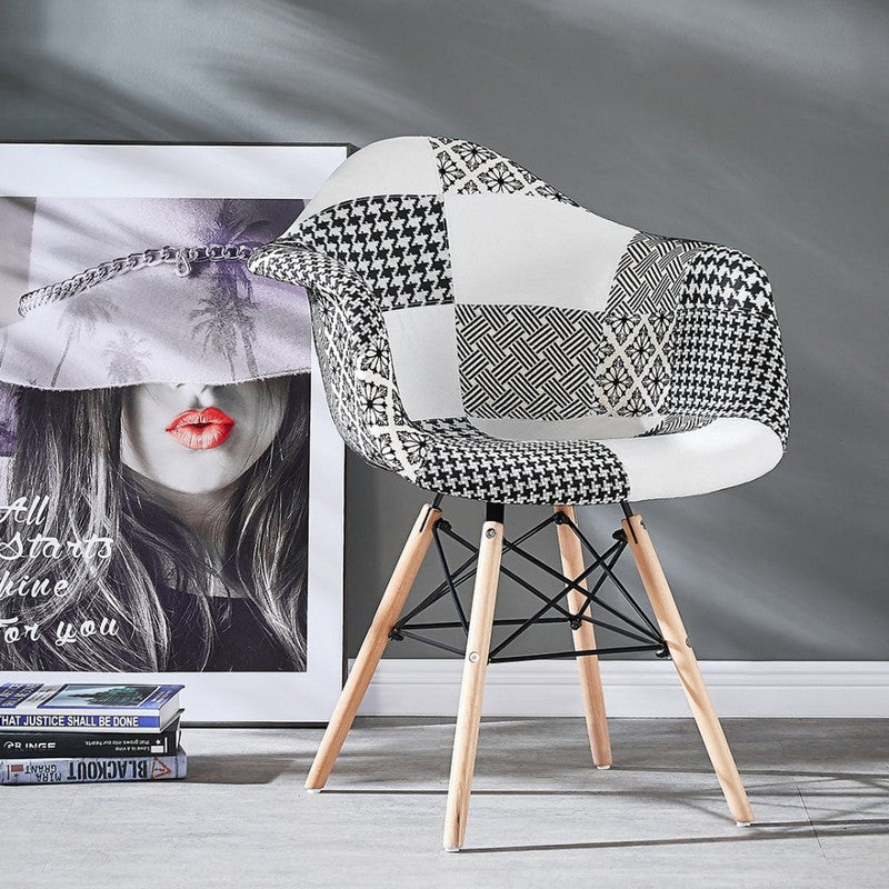 5-Piece Halo Dining Set - White Table & 4 Black/White Patchwork Armchairs