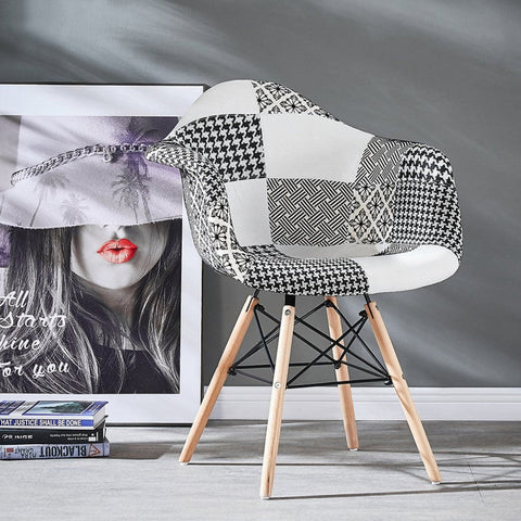5-Piece Halo Dining Set - White Table & 4 Black/White Patchwork Armchairs