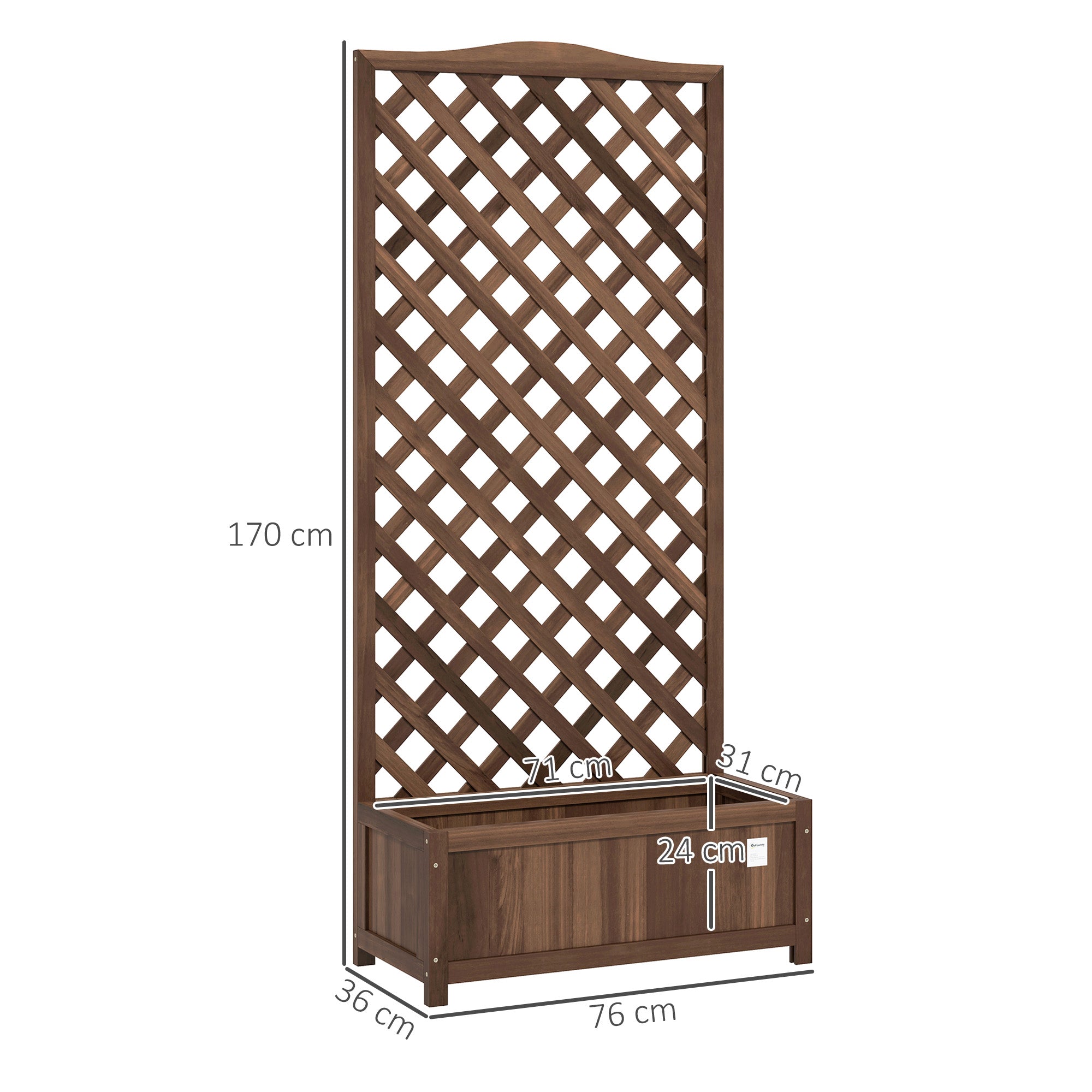 Outsunny 53L Garden Wooden Planter Box with Trellis Free Standing Flower Raised Bed with Lattice for Climbing Plants, 76cm x 36cm x 170cm, Dark Brown