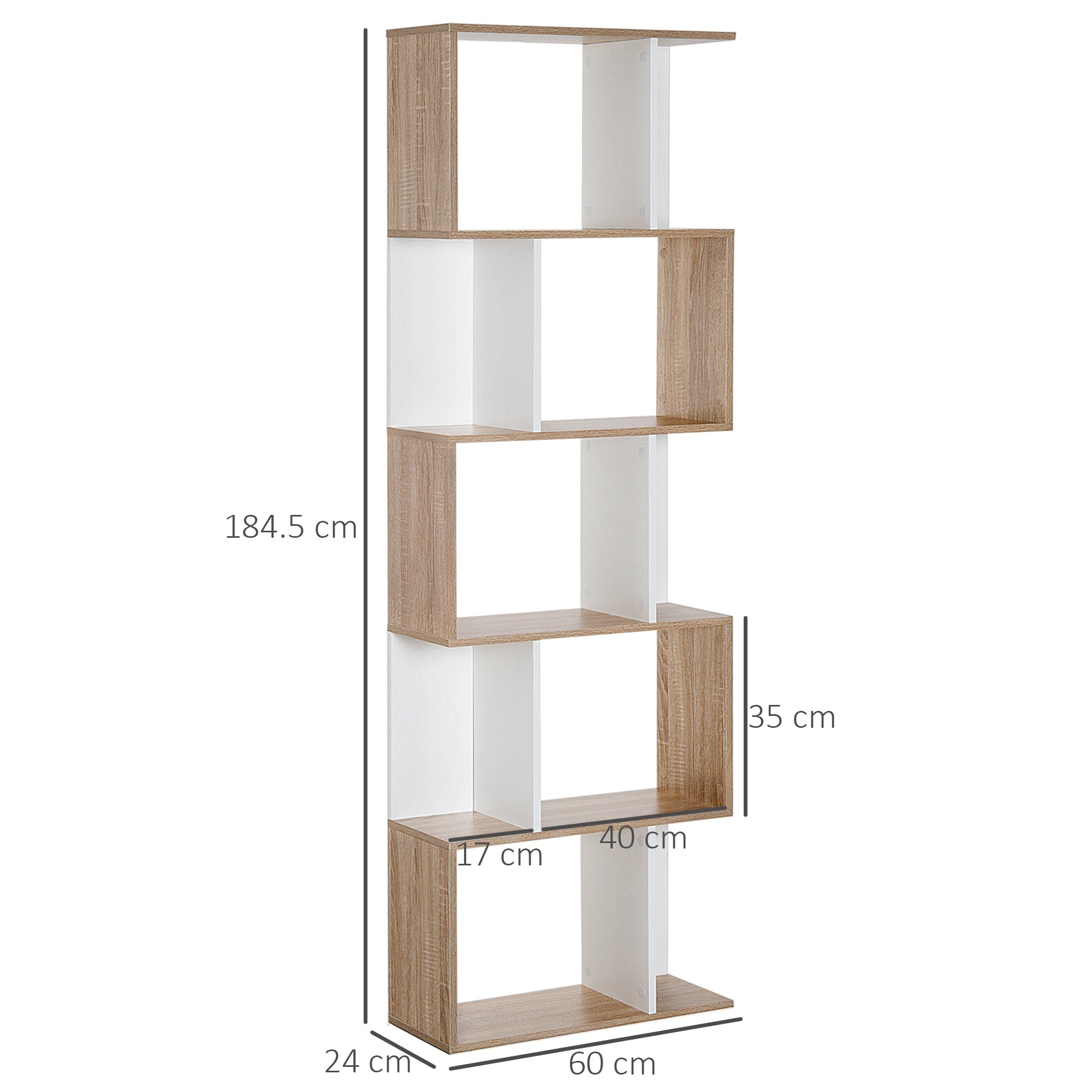 HOMCOM 5-tier Bookcase Storage Display Shelving S Shape design Unit Divider Natural
