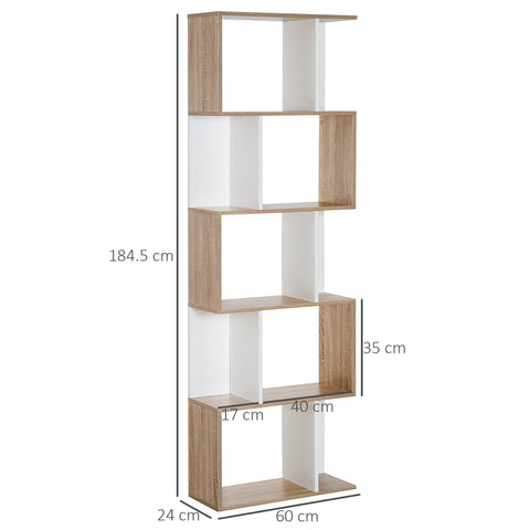 HOMCOM 5-tier Bookcase Storage Display Shelving S Shape design Unit Divider Natural