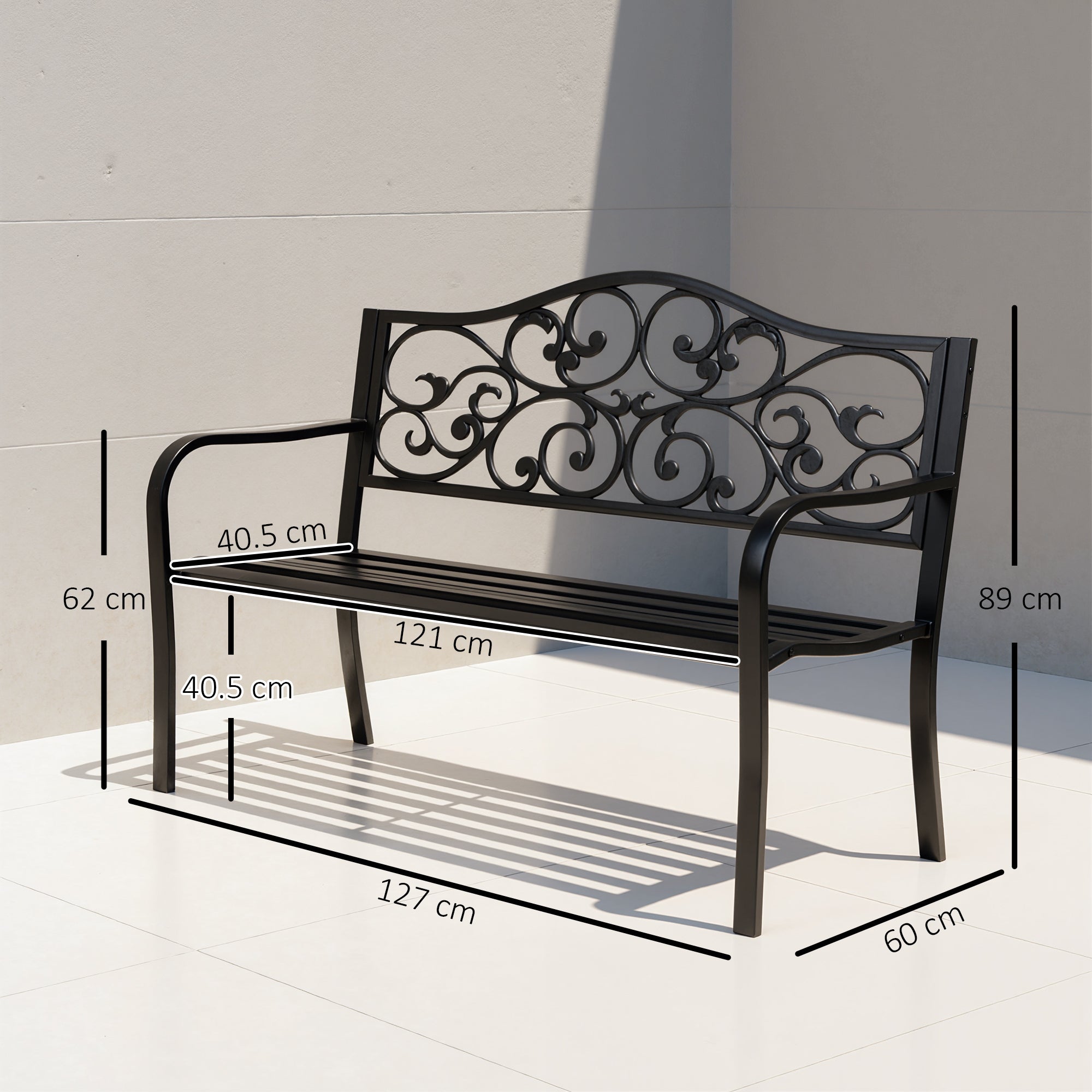Outsunny Metal Garden Bench with Floral Backrest and Armrests - Black