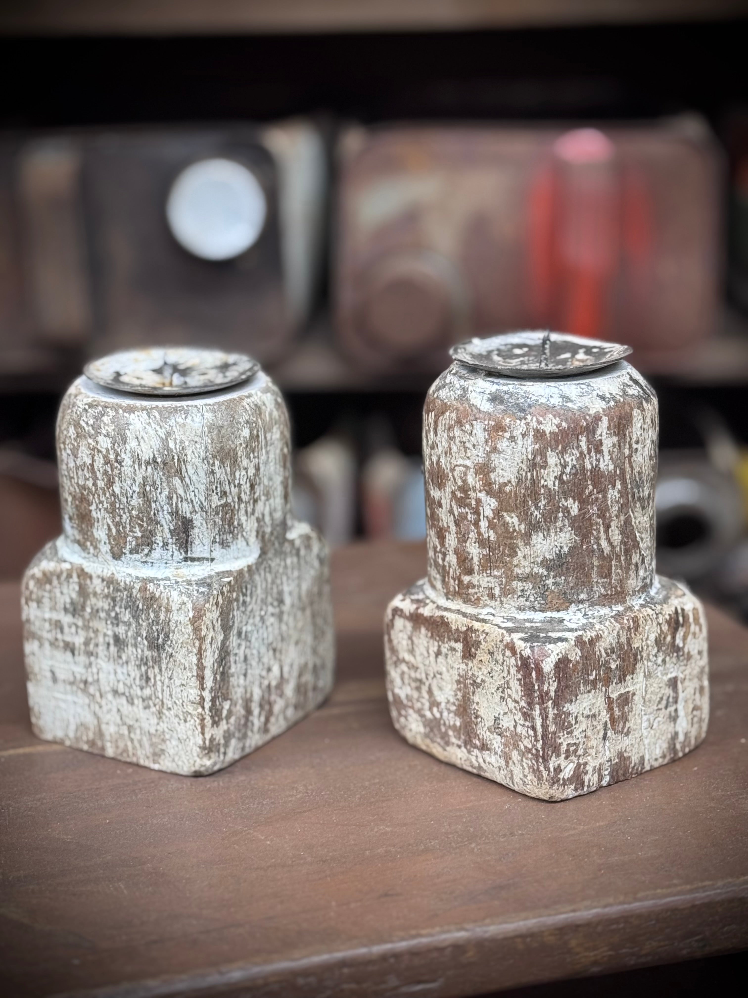 Pair Of Rustic Wooden Candle Holders / Large Church Candle Candlesticks /P