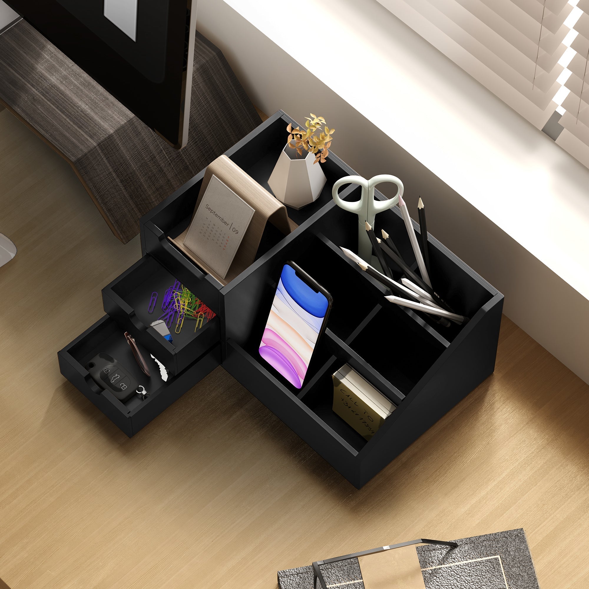 HOMCOM Desk Organiser Holder, Bamboo Multi-Function Storage Caddy with 7 Storage Compartments and 2 Drawers for Home Office Stationary Supplies, Black