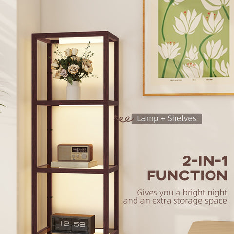 HOMCOM LED Floor Lamp with Glass Shelves, 4 Layers Dimmable Tall Standing Lamp, Modern Column Shelf Floor Light for Living Room, Bedroom, Office, Dark Brown