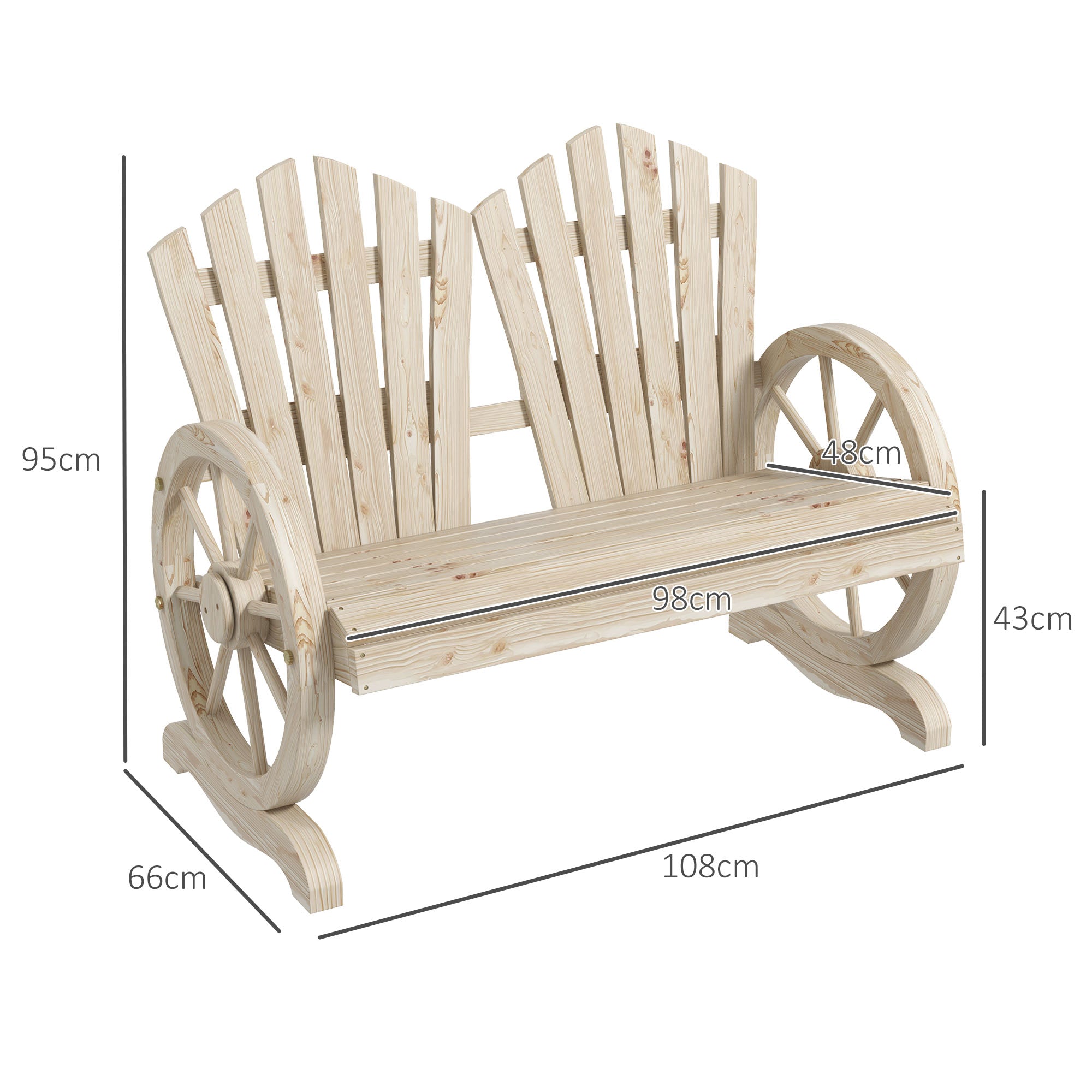 Outsunny Fir Wood Love Seats with Wheel-Shaped Armrests, Large Load-Bearing Chair, Natural Wood Finish