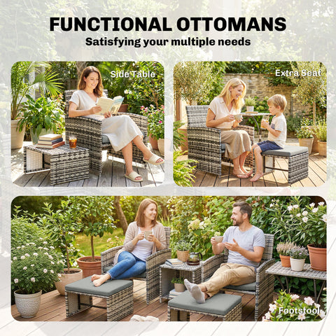 Outsunny 6 Piece Rattan Garden Furniture, Space-Saving Patio Furniture Set with Nesting Tables, Chairs, Stools, Cushions, Grey