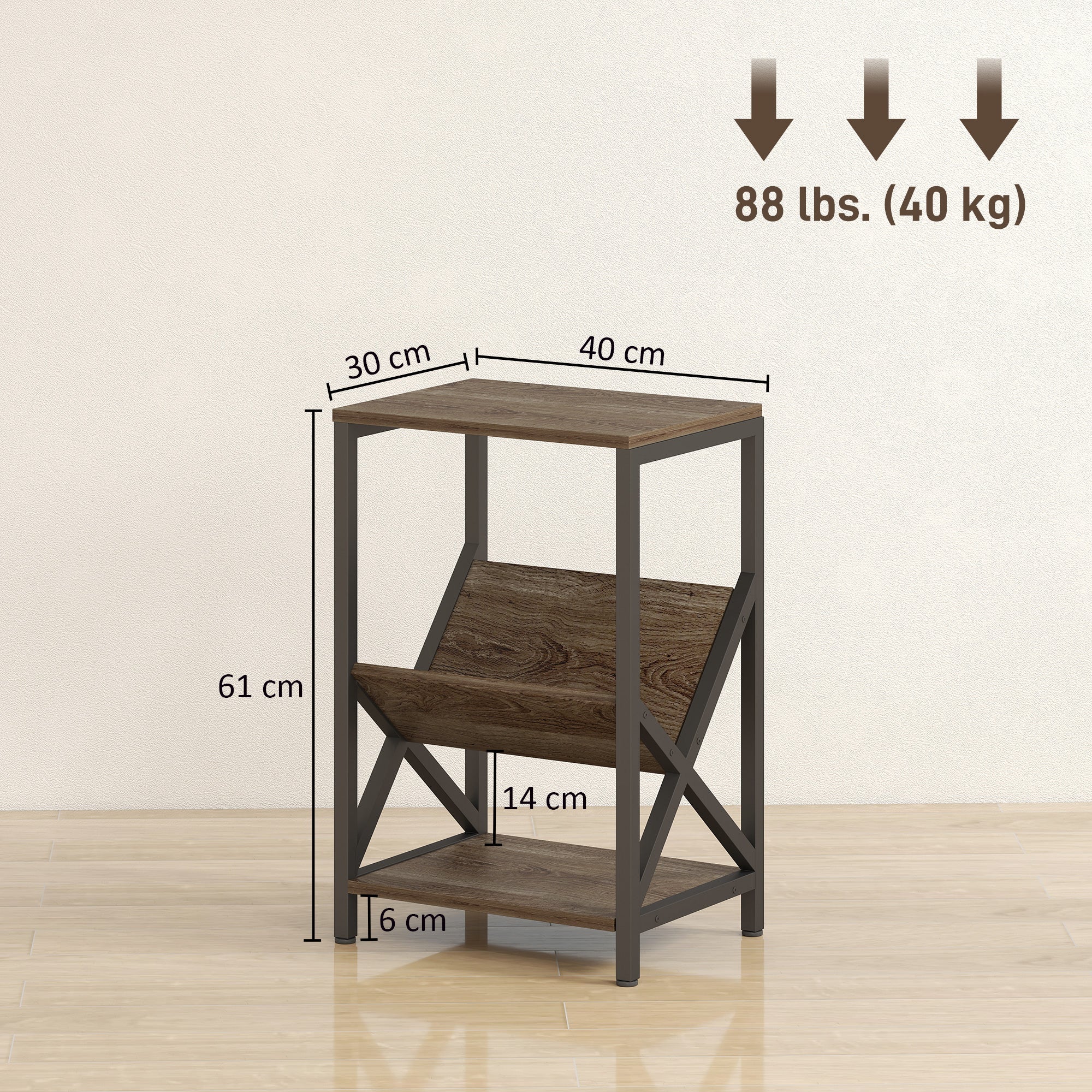 HOMCOM Narrow Side Table, End Table with 3-Tier Storage, V-Shaped Magazine Holder for Living Room, Bedroom, 40 x 30 x 61cm, Oak