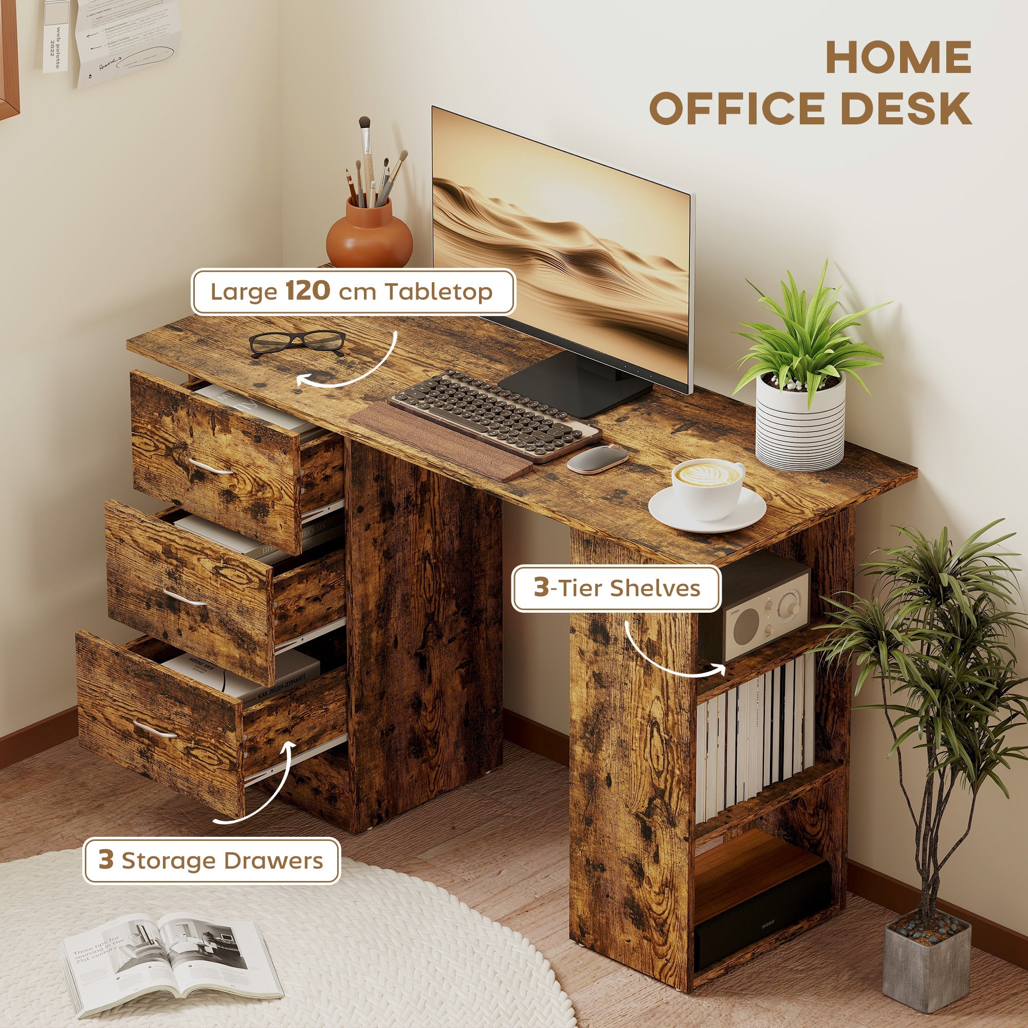 HOMCOM Computer Desk, Writing Table, PC Workstation with 3 Storage Shelves and Drawers, Silver Handle, for Home Office, Rustic Brown