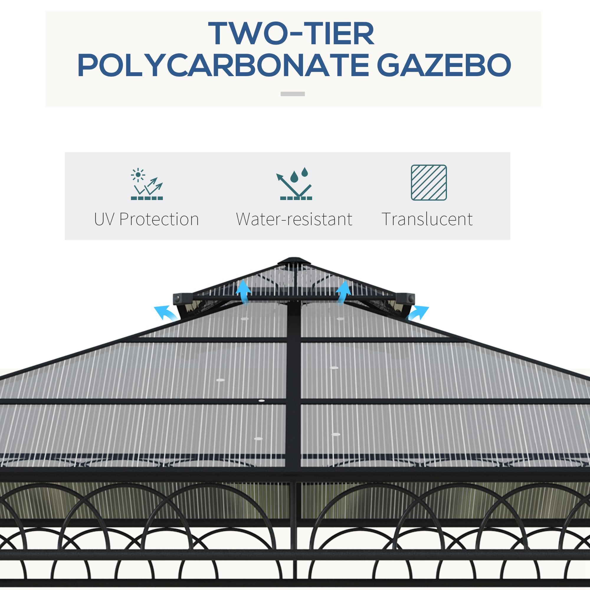 Outsunny 3 x 3 (m) Outdoor Polycarbonate Gazebo, Double\'c2\'a0Roof Hard Top Gazebo with\'c2\'a0Galvanised Steel Frame, Nettings\'c2\'a0&\'c2\'a0Curtains for Garden, Lawn, Patio and Deck, Khaki